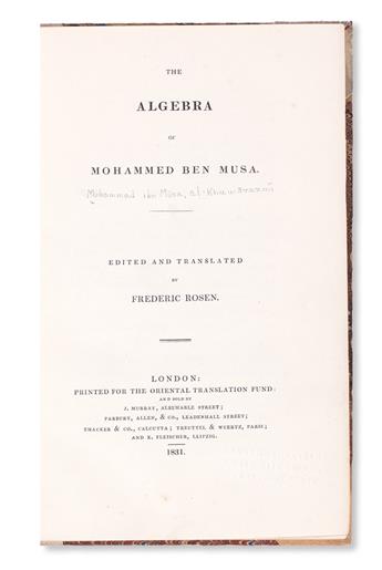 SCIENCE  MUHAMMAD IBN MUSA AL-KHWARIZMI. The Algebra of Mohammed ben Musa.  1831